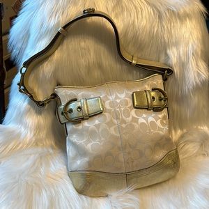 Authentic Coach Soho Teak Buckles Signature Monogram Canvas Shoulder Bag